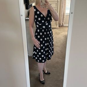 Chaps Black and White Polka Dot Cross Bodice Sleeveless Dress